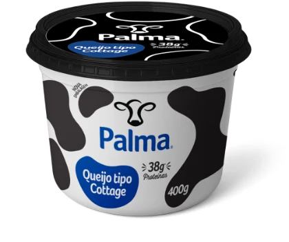 Pote de Queijo tipo Cottage Palma tradicional, de tampa preta e rótulo azul